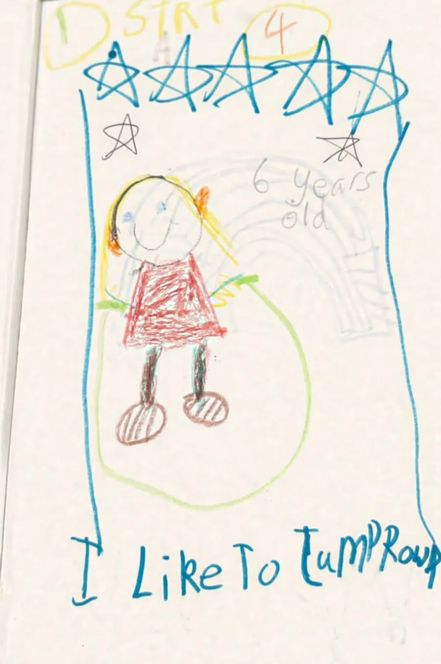 A childhood drawing of a girl jumping rope, captioned I like to jump rope, six years old