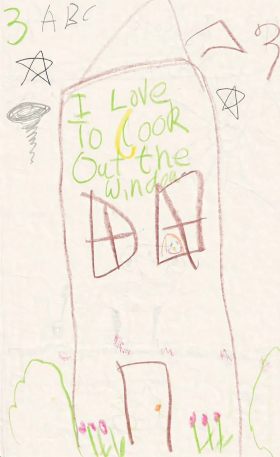 A childhood drawing captioned I love to look out the window
