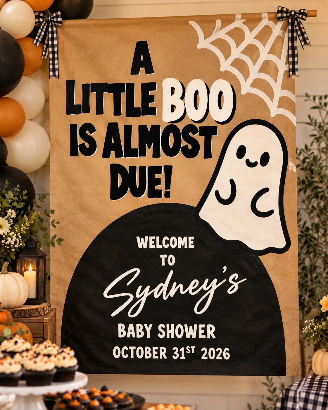 Halloween baby shower banner with a ghost, reading A Little Boo Is Almost Due