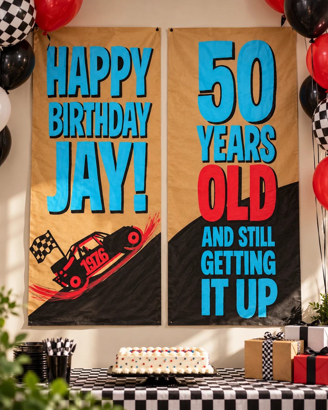 Two-panel race car themed 50th birthday banner in blue, red and black