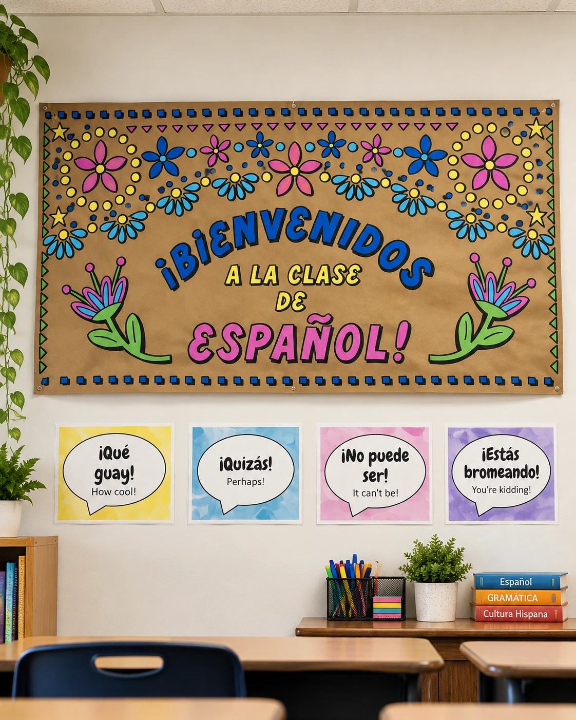 Classroom banner reading Bienvenidos a la clase de Espanol with painted flowers